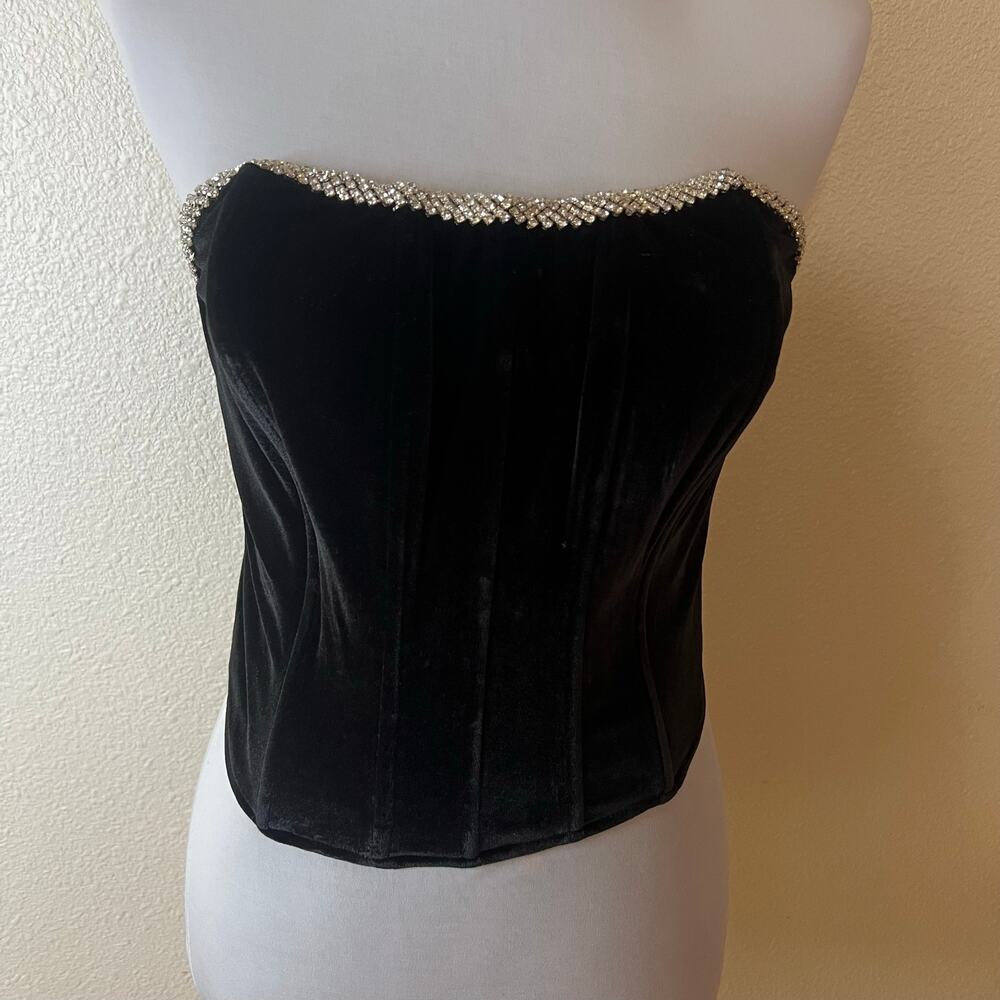 Cider black velvet rhinestone trim sweetheart strapless corset top NEW SMALL